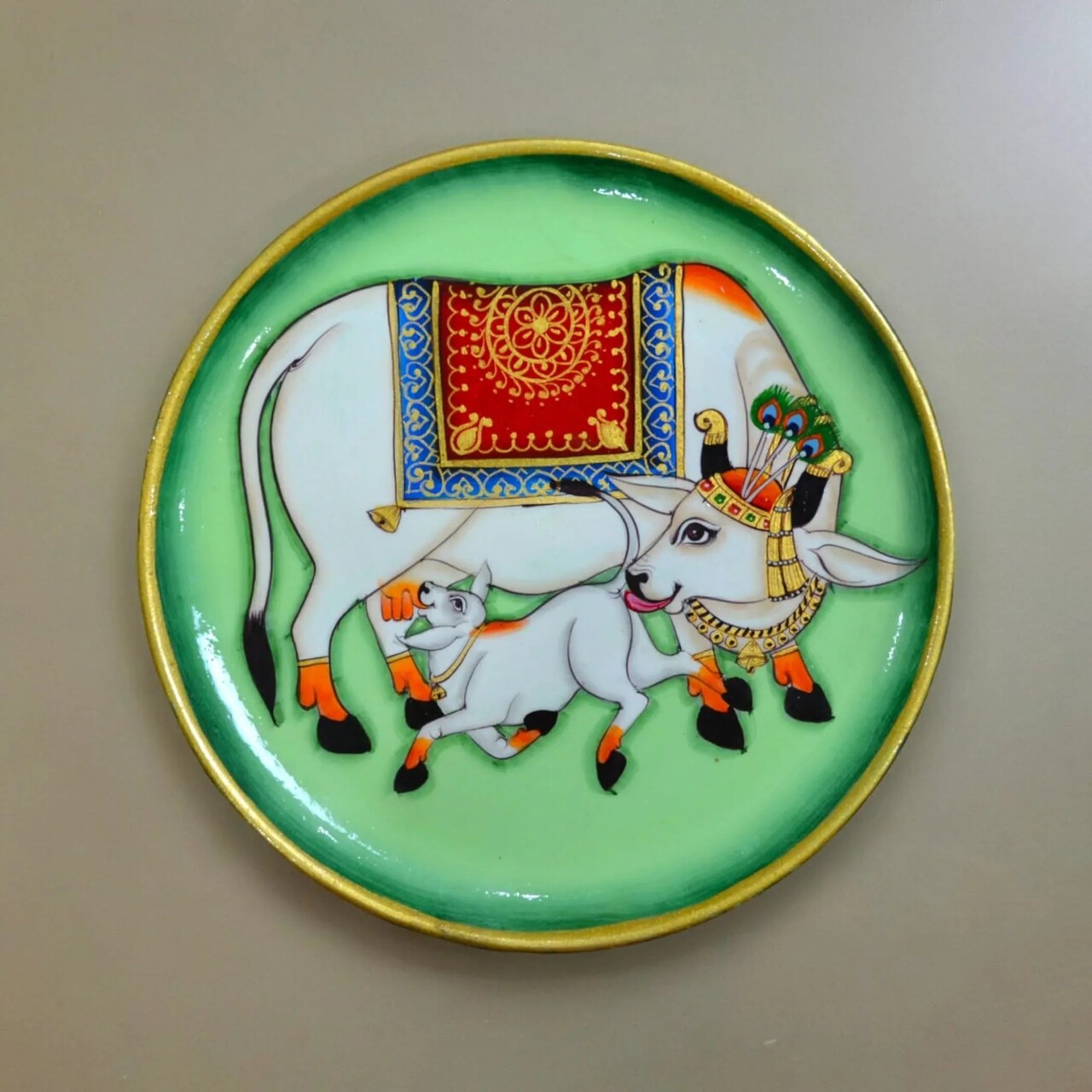 Decorative Plates Traditional Indian Wall Hanging Ornament Hand Painted Boho Round Display Wooden Plate for Home Office Kitchen Wall Décor - Diwali Housewarming Gift